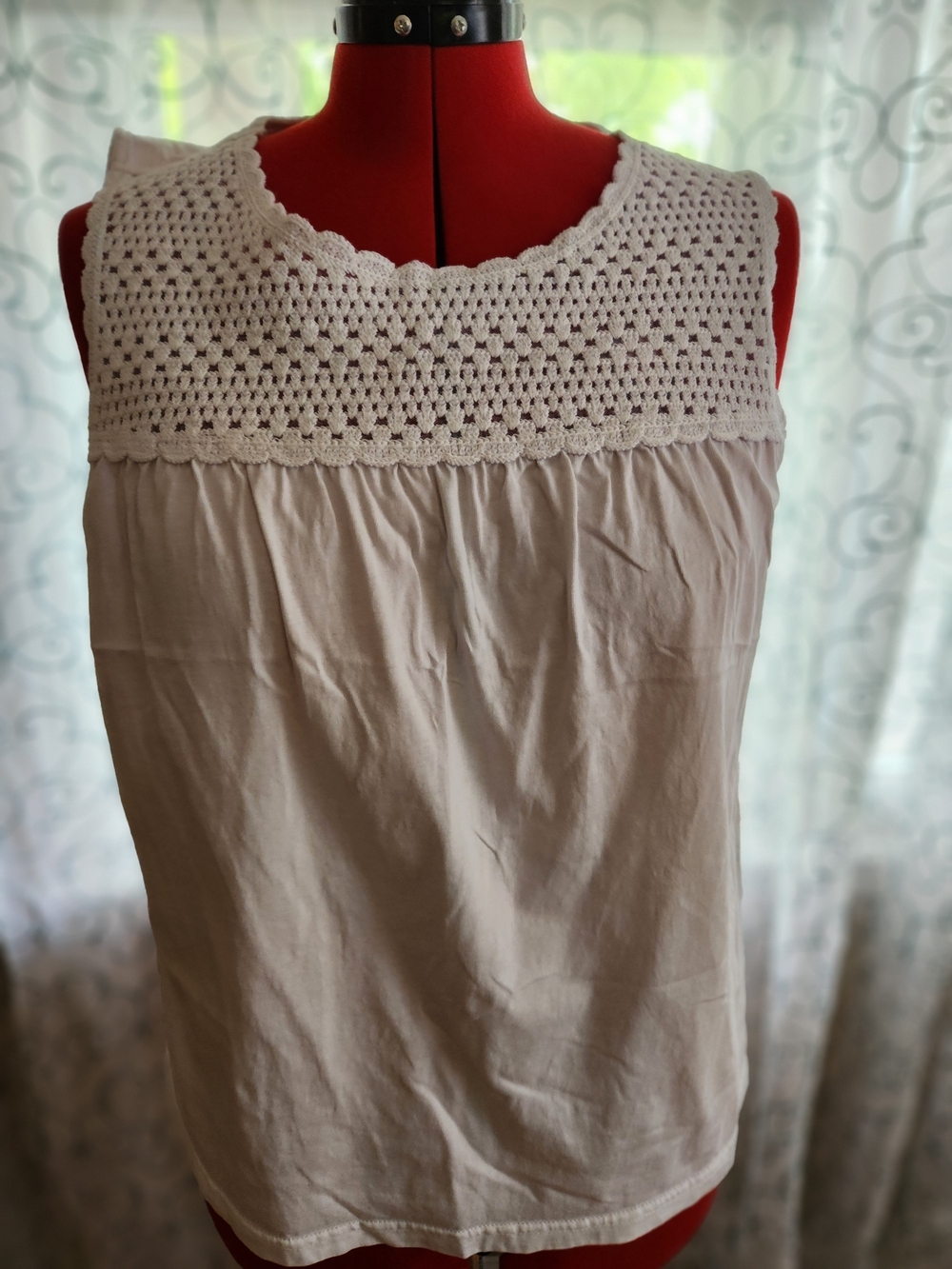 Time and Tru White Crochet Yoke Tank Top